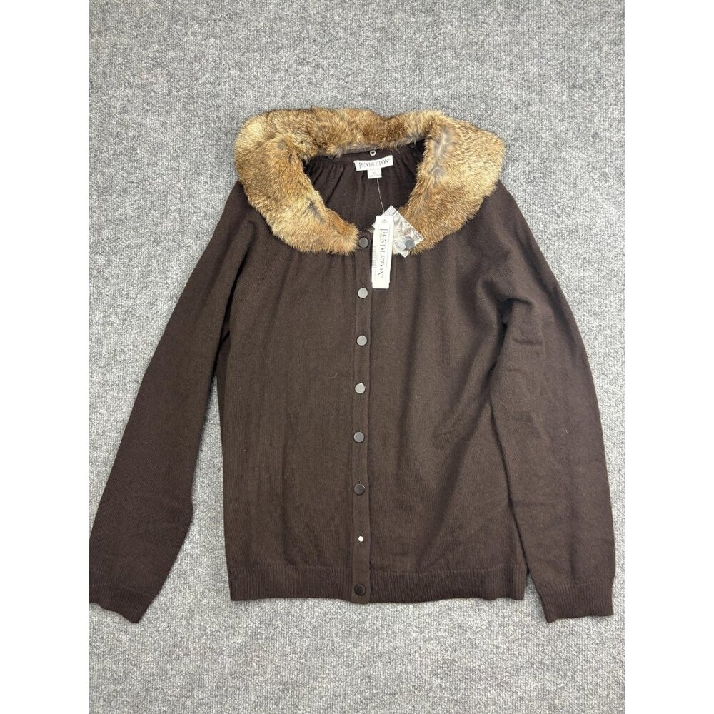 Pendleton Cardigan Sweater Womens XL Brown Wool Rabbit Fur Collar Button‎ Knit